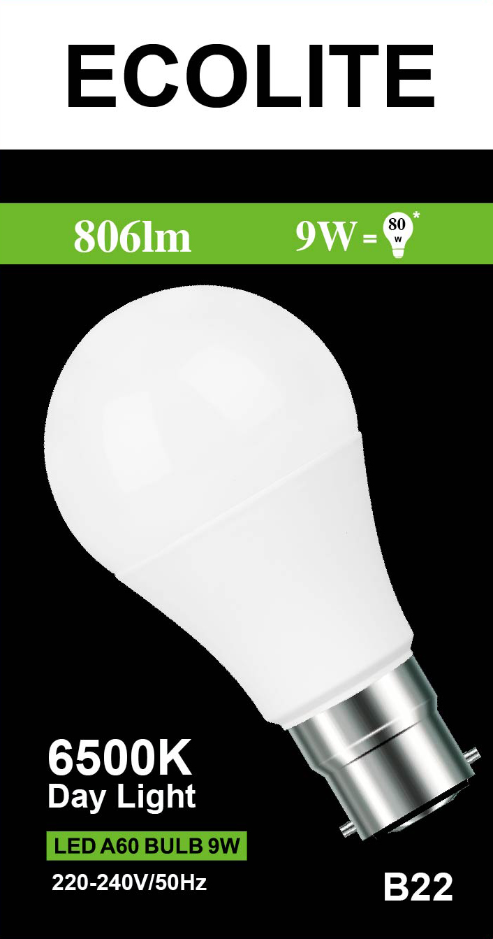 ECOLITE LED 9W BULB B22 A60 806LM 6500K FROSTED