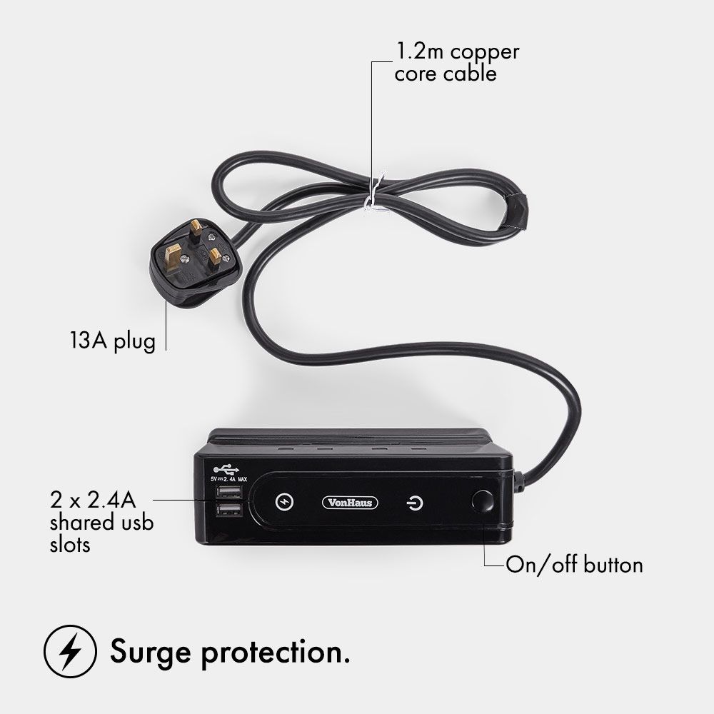 VONHAUS BLACK EXTENSION LEAD WITH USB SLOTS – 4 GANG WITH SURGE PROTECTION