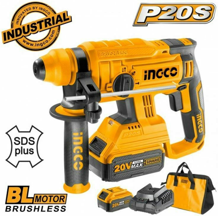  INGCO CRHLI22012 20V LI-ION ROTARY HAMMER WITH 2 4AH BATTERIES 1 CHARGER AND TOOLBAG 