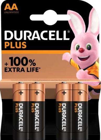 DURACELL PLUS 100% EXTRA LIFE ALKALINE POWER AA PACK OF 4
