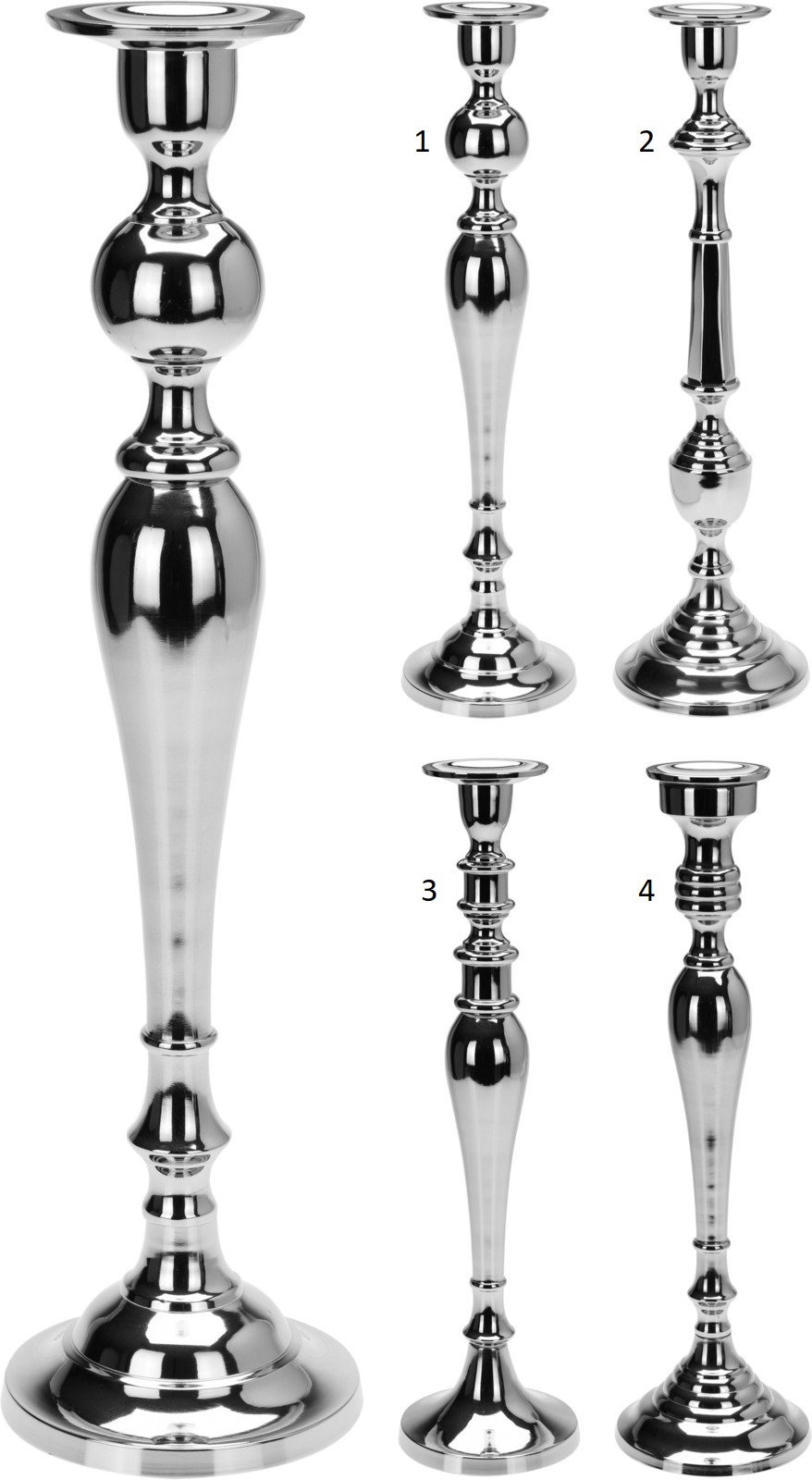 CANDLE HOLDER SILVER 48CM 4 ASSORTED DESIGNS