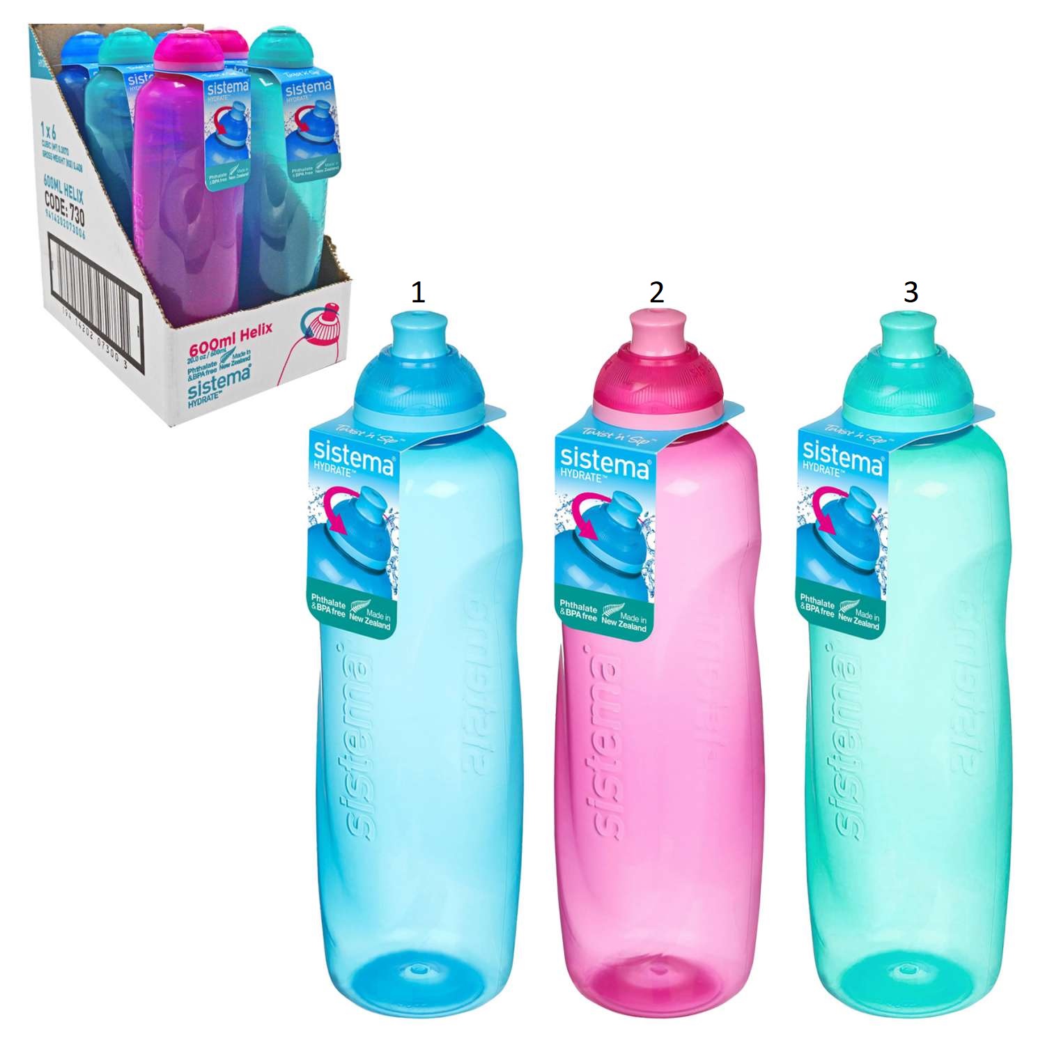 SISTEMA HYDRATE HELIX BOTTLE 600ML 3 ASSORTED COLORS