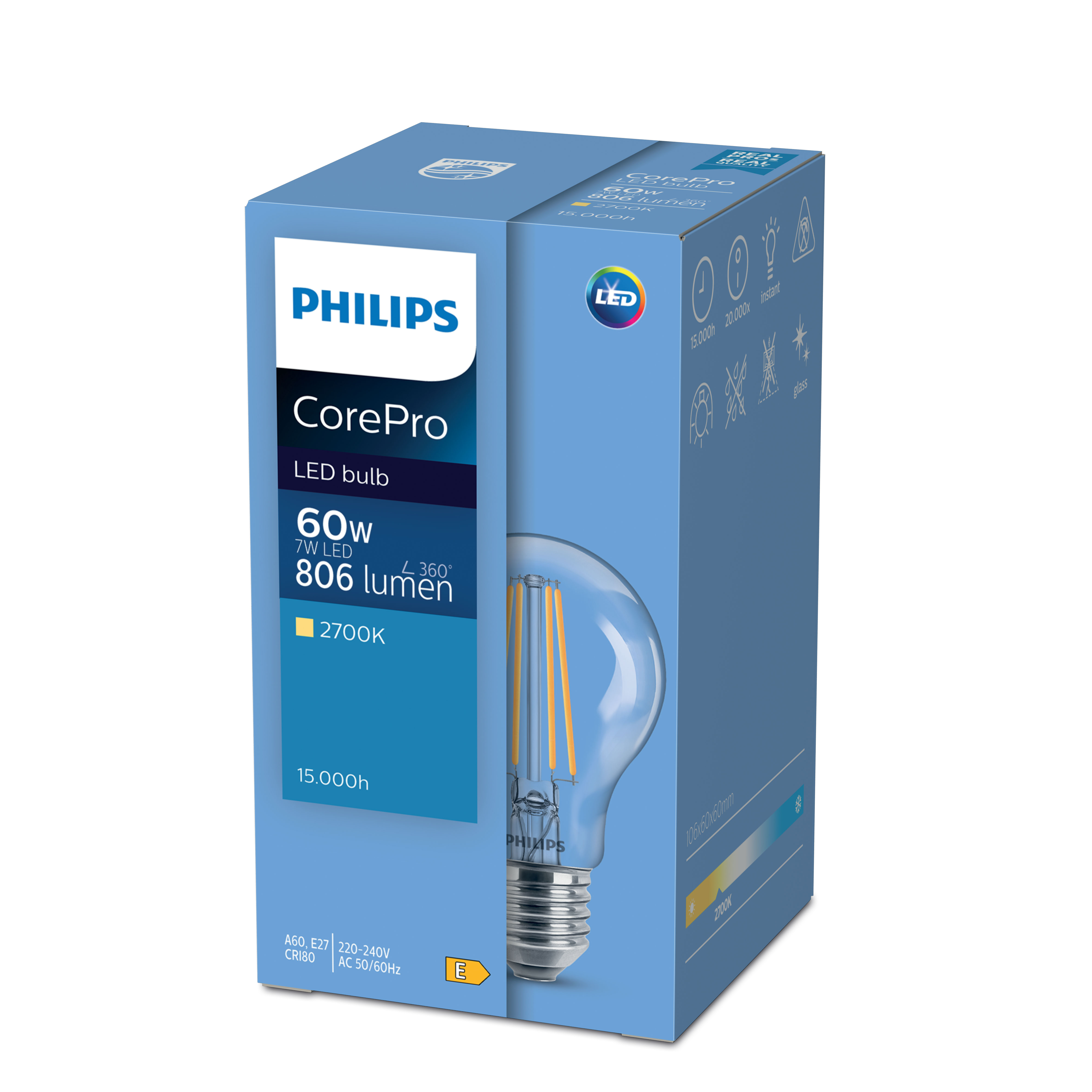 PHILIPS COREPRO LED BULB 7-60W E27 A60 WARM WHITE 2700K