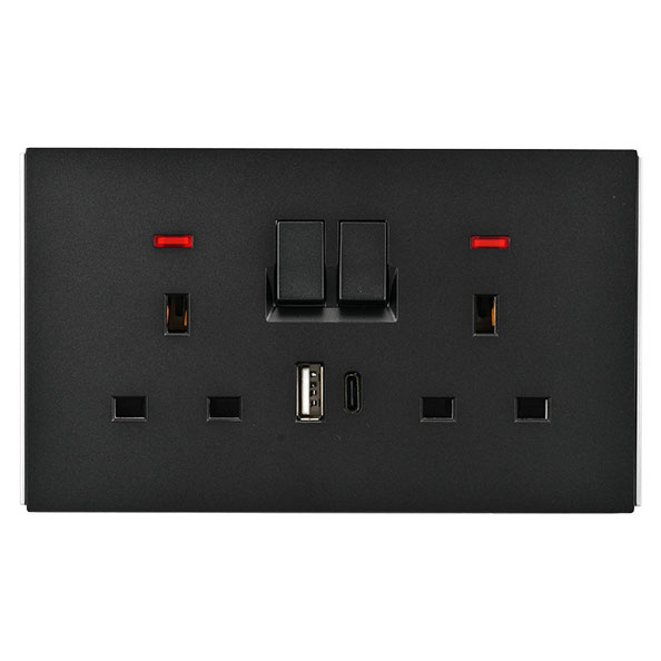 POWERLINK ACCESSORIES 13A DP BS 2-GANG SOCKET WITH NEON + USB A + TYPE C 5V 2100mA BLACK MATTE