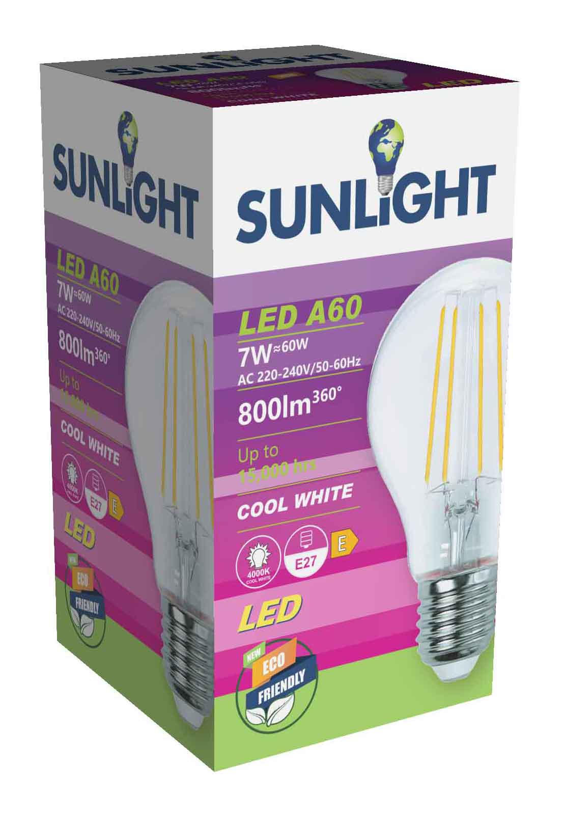 SUNLIGHT 'FILAMENT' LED 7W A60 LAMP E27 800LM 4000K CLEAR