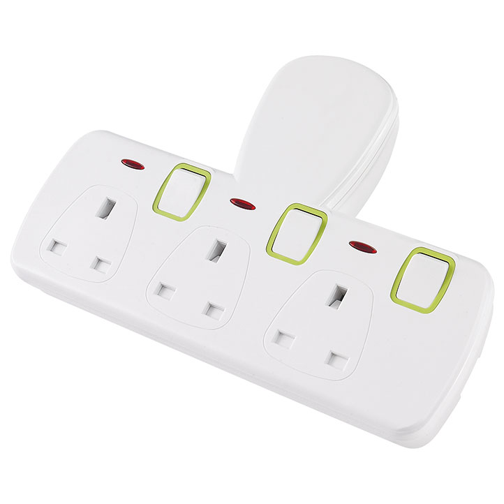 POWERLINK 3-WAY UK SOCKET PLUG EXTENSION WITH INDIVIDUAL SWITCHES AND NEON 13A