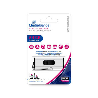 MediaRange MR917 64GB USB 3.2 Gen 1 Flash Drive Sliding Mechanism Key Chain Included 80 MB/s Silver Black